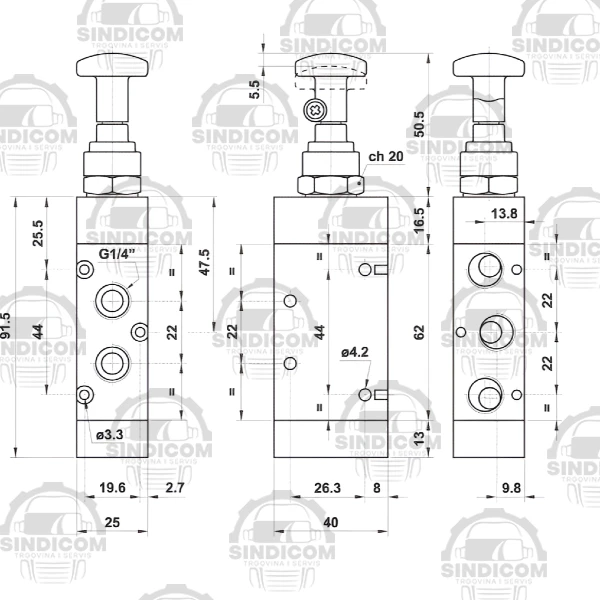 PNEUMATSKI VENTIL 5/2 S RUČKOM REDUKCIJE G1/4 AZ PNEUMATICA - Slika 3